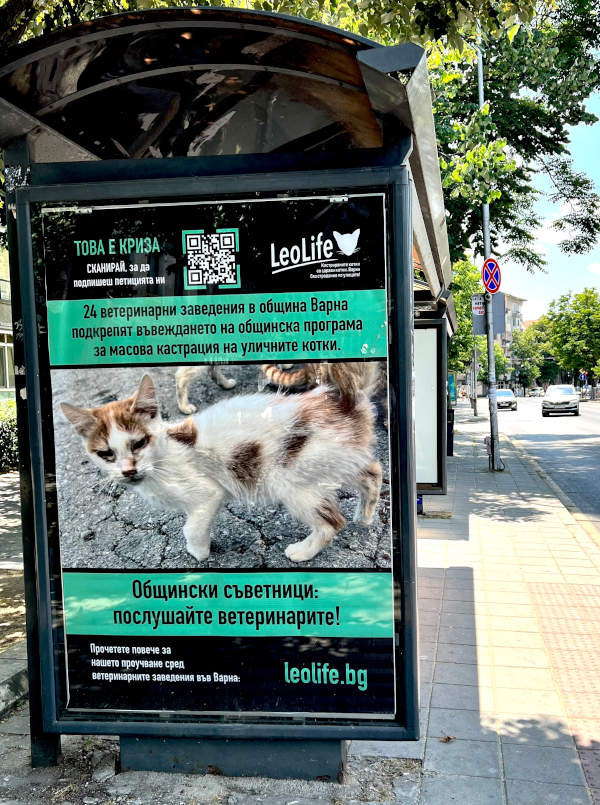 Снимка на билборд на ЛеоЛайф, на който пише, че 24 ветеринарни заведения подкрепят да има масова кастрационна кампания за уличните котки и призовава общинските съветници на Варна да въведат такава.